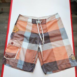 Billabong board shorts men's size 36 orange brown plaid with graphic design